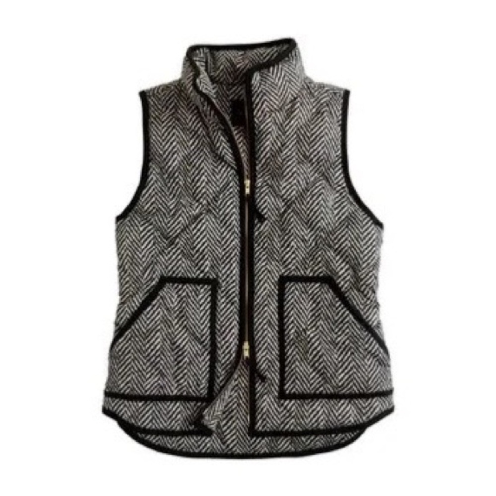 J Crew Tan & Black Herringbone Excursion Quilted Zip Up Vest Womens Size XXS